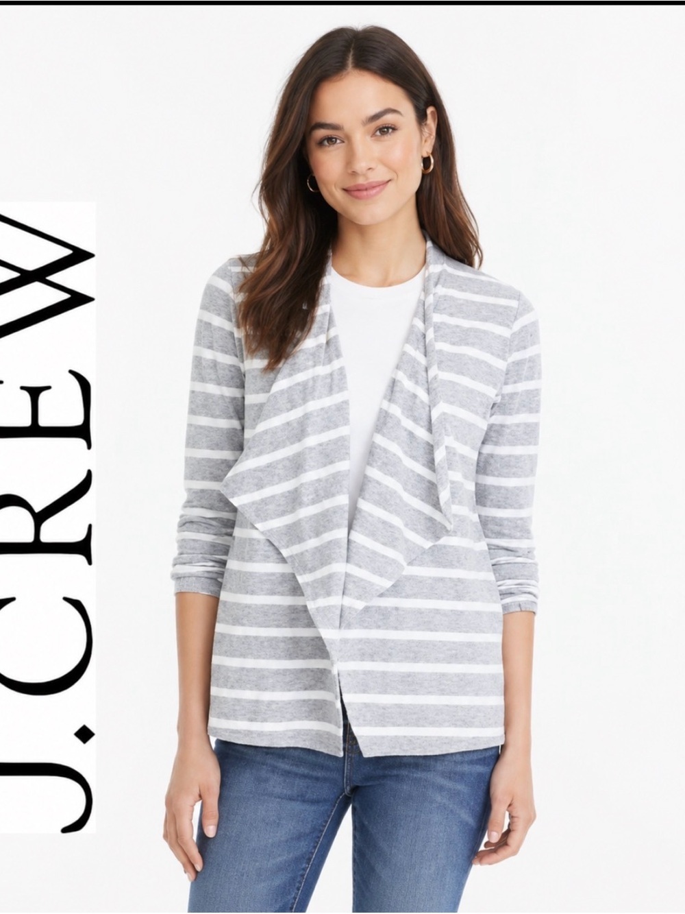 Women's J.Crew Striped Draped Cardigan Sweater L Grey White